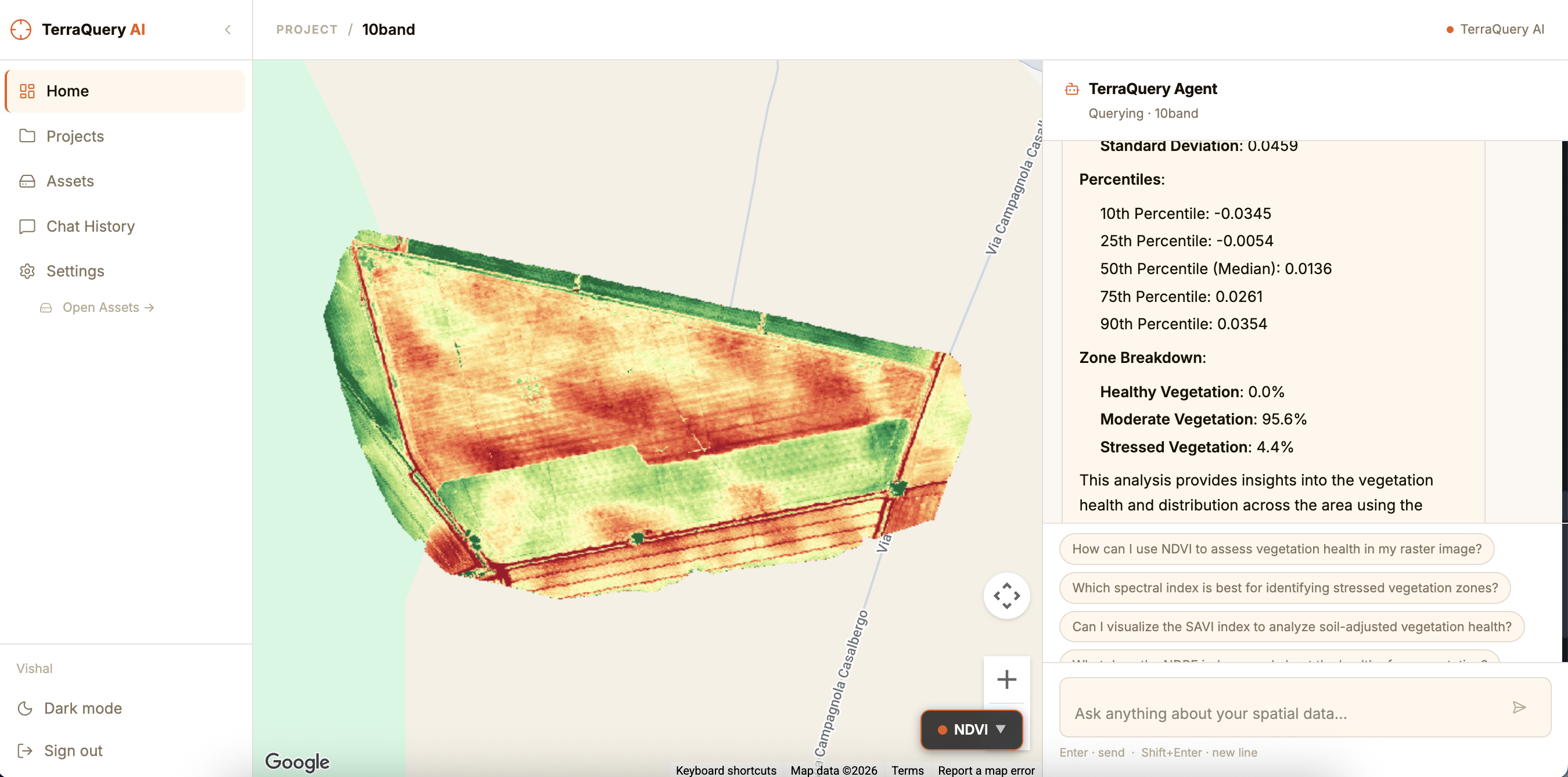 The TerraQuery Agent panel showing an NDVI analysis with percentiles and a zone breakdown, plus suggested follow-up questions