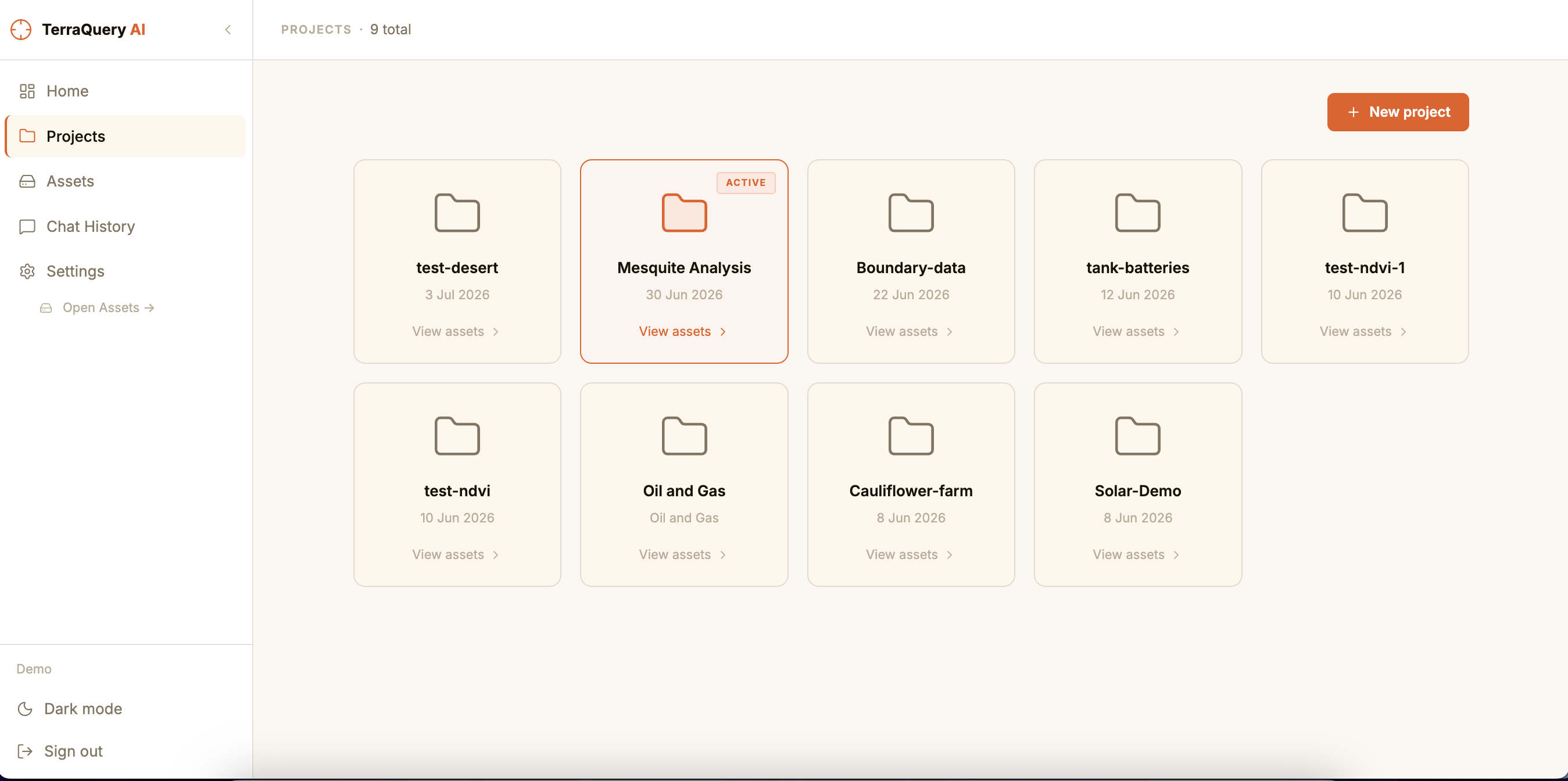 The Projects page showing a grid of project cards, one marked active