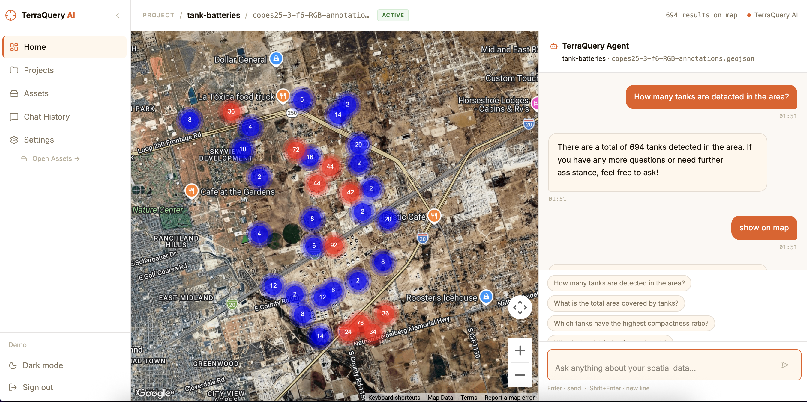 TerraQuery detecting and marking 694 storage tanks on a satellite map, with the AI agent confirming the result